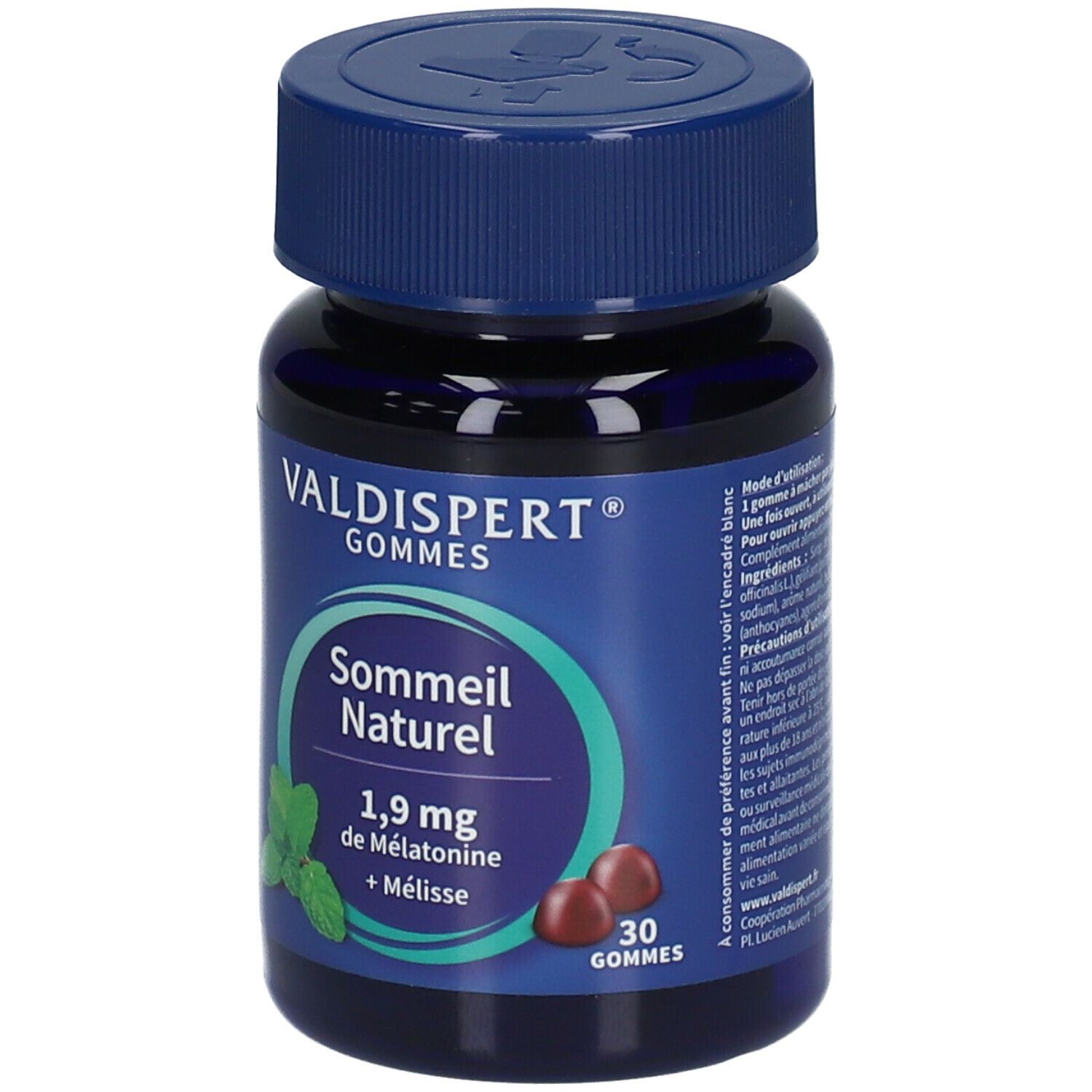 Flacon bleu 'Valdispert Gommes Sommeil Naturel'. 30 gommes, 1,9 mg mélatonine + mélisse. Illustrations menthe et gommes.
