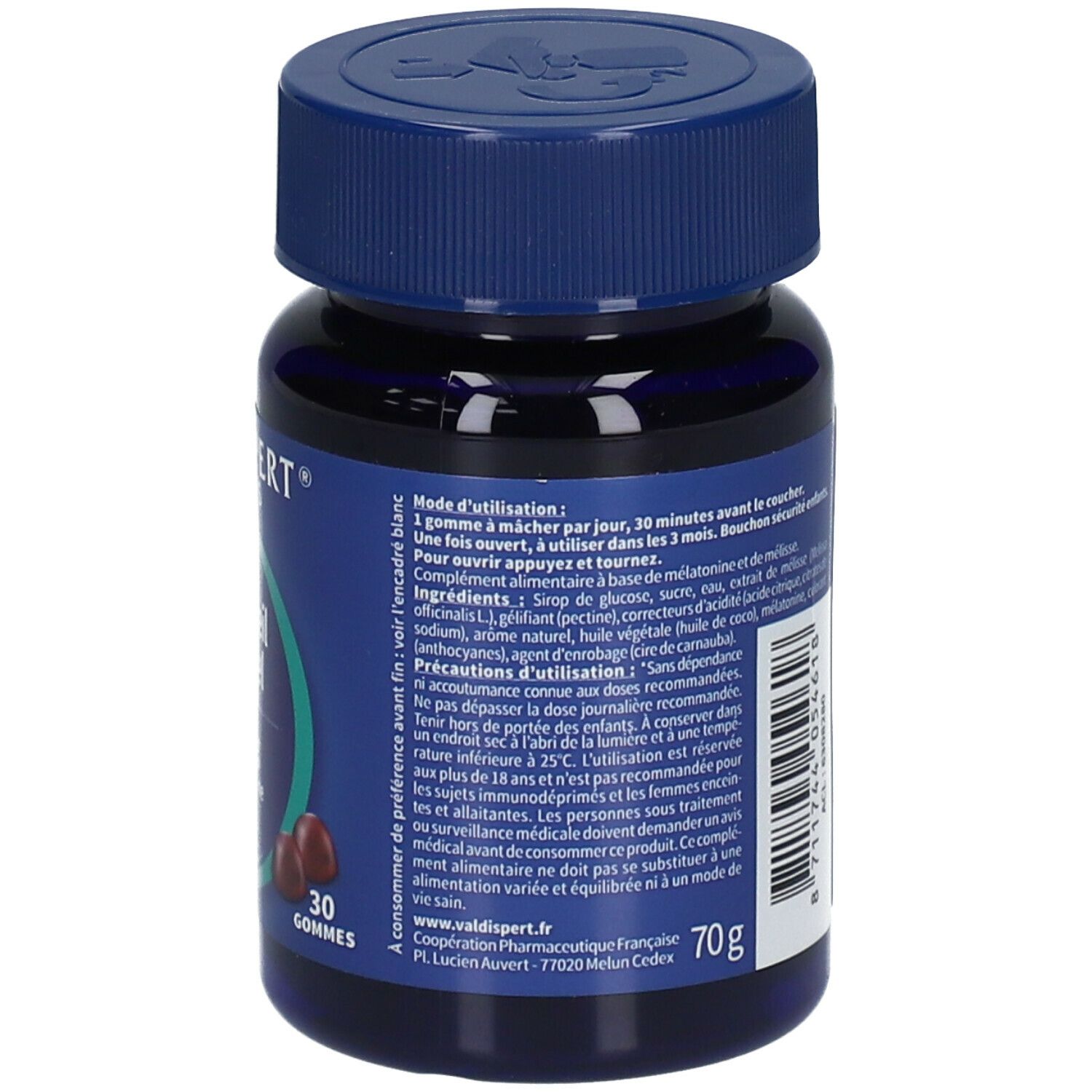 Dos de la bouteille bleue 'Valdispert Gommes Sommeil Naturel'. Informations textuelles, ingrédients, dosage et avertissements.