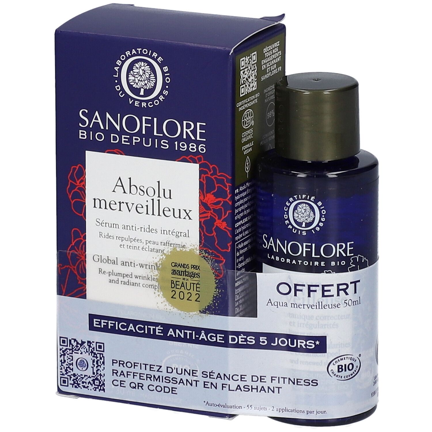 SANOFLORE Absolu Merveilleux et Mini Aqua Merveilleuse Bio. Flacon et boîte bleus. Texte : Absolu Merveilleux, Bio.