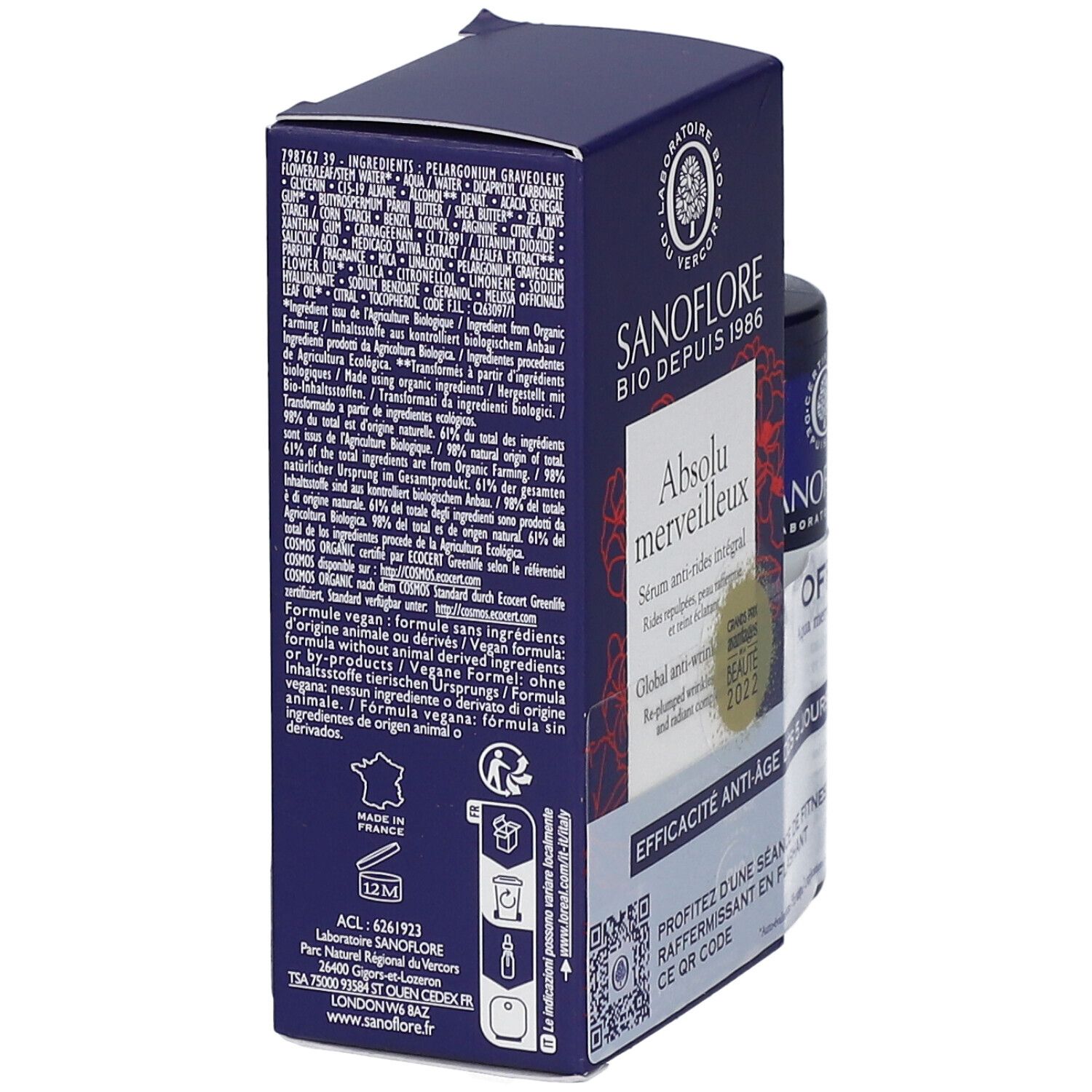 Dos de l'emballage SANOFLORE Absolu Merveilleux. Texte : ingrédients, formule vegan, fabriqué en France. Code QR.