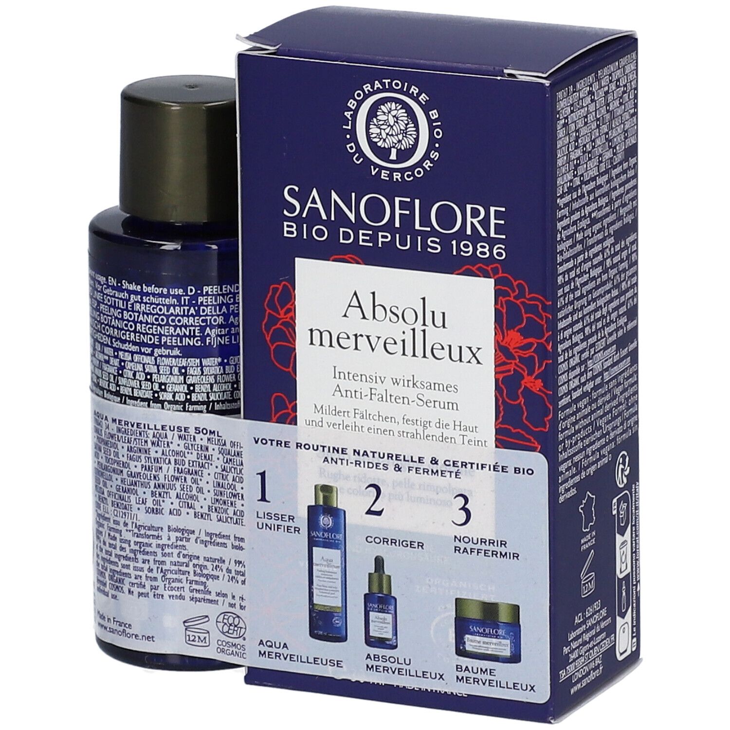 SANOFLORE Absolu Merveilleux et Mini Aqua Merveilleuse Bio. Flacon et boîte. Texte : Sérum anti-rides, Bio.