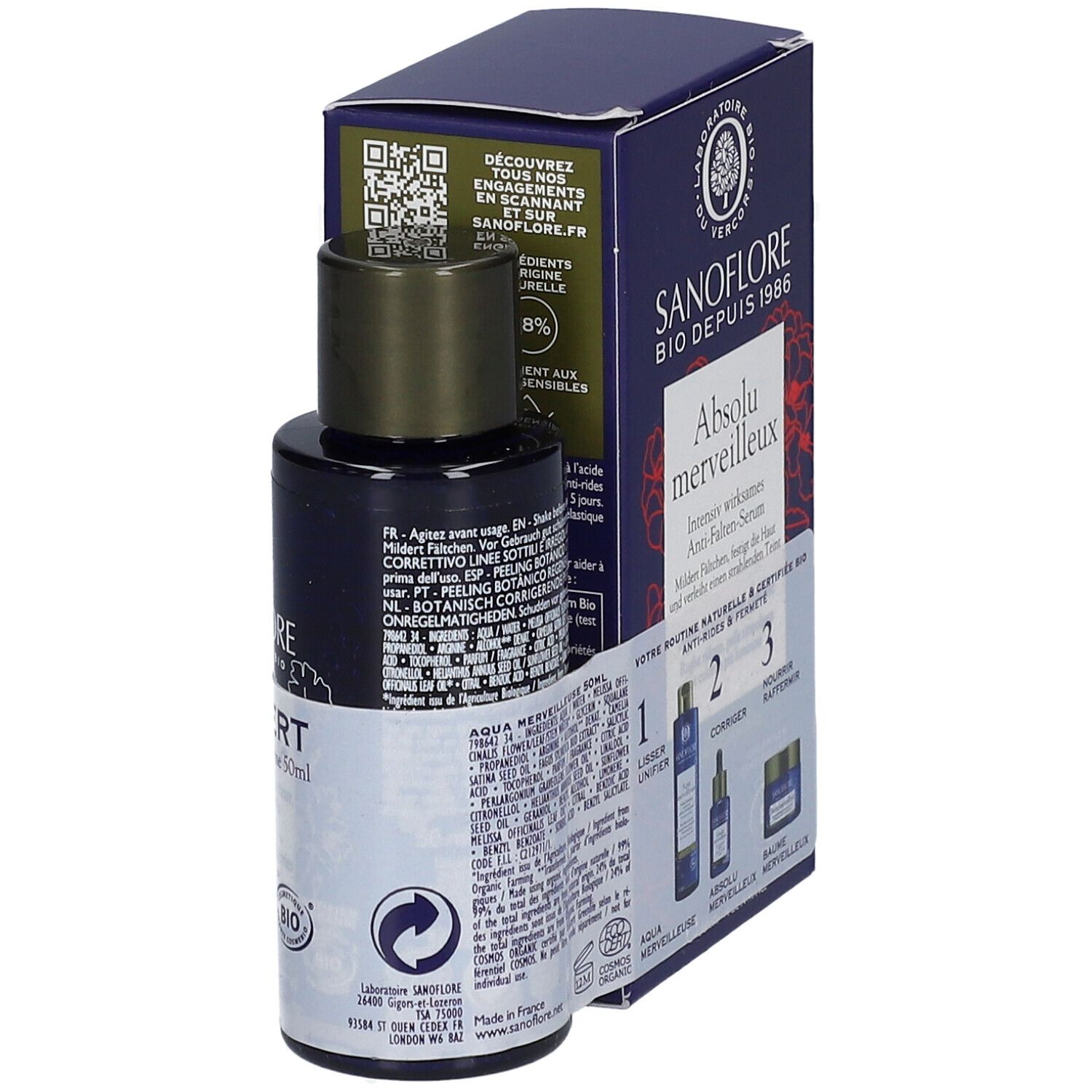 SANOFLORE Absolu Merveilleux et Mini Aqua Merveilleuse Bio. Flacon et boîte. Texte : Sérum anti-rides, Bio.