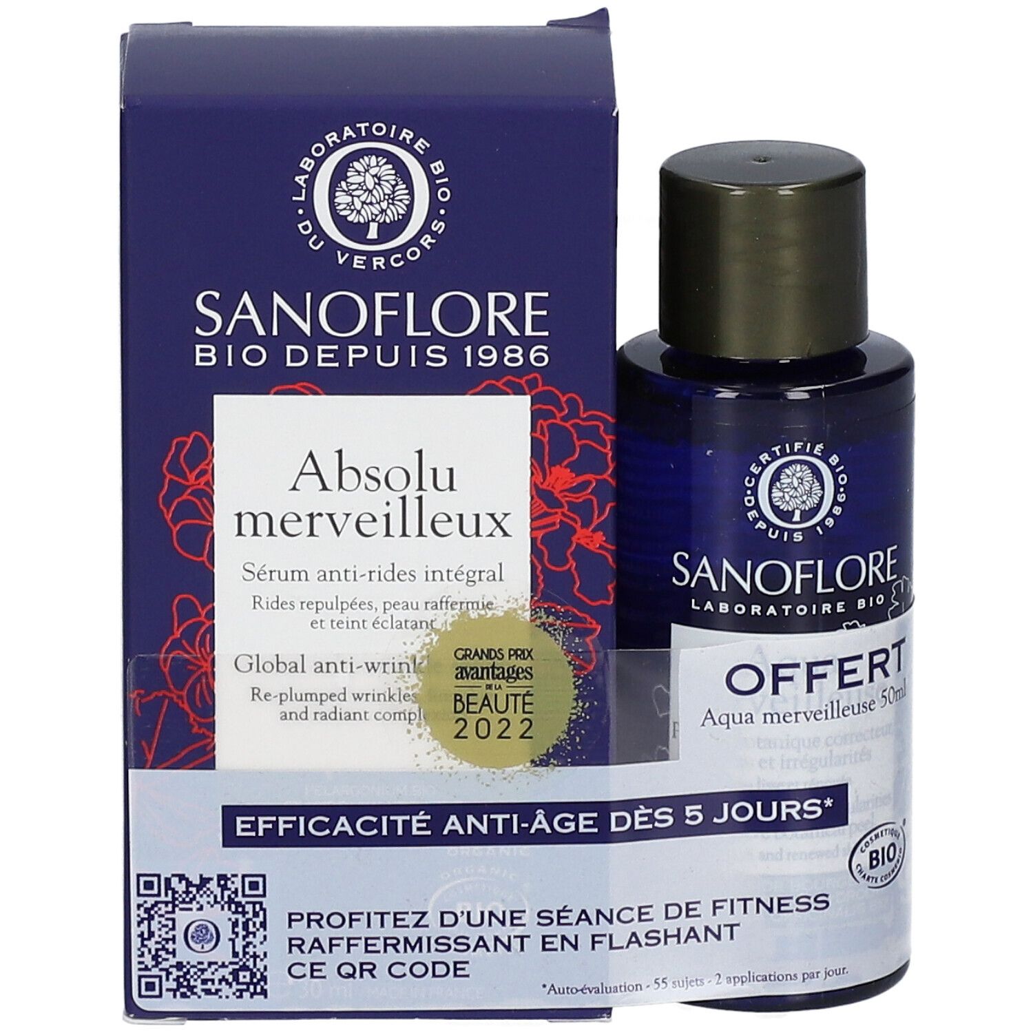 SANOFLORE Absolu Merveilleux et Mini Aqua Merveilleuse Bio. Flacon et boîte bleus. Texte : Absolu Merveilleux, Bio.