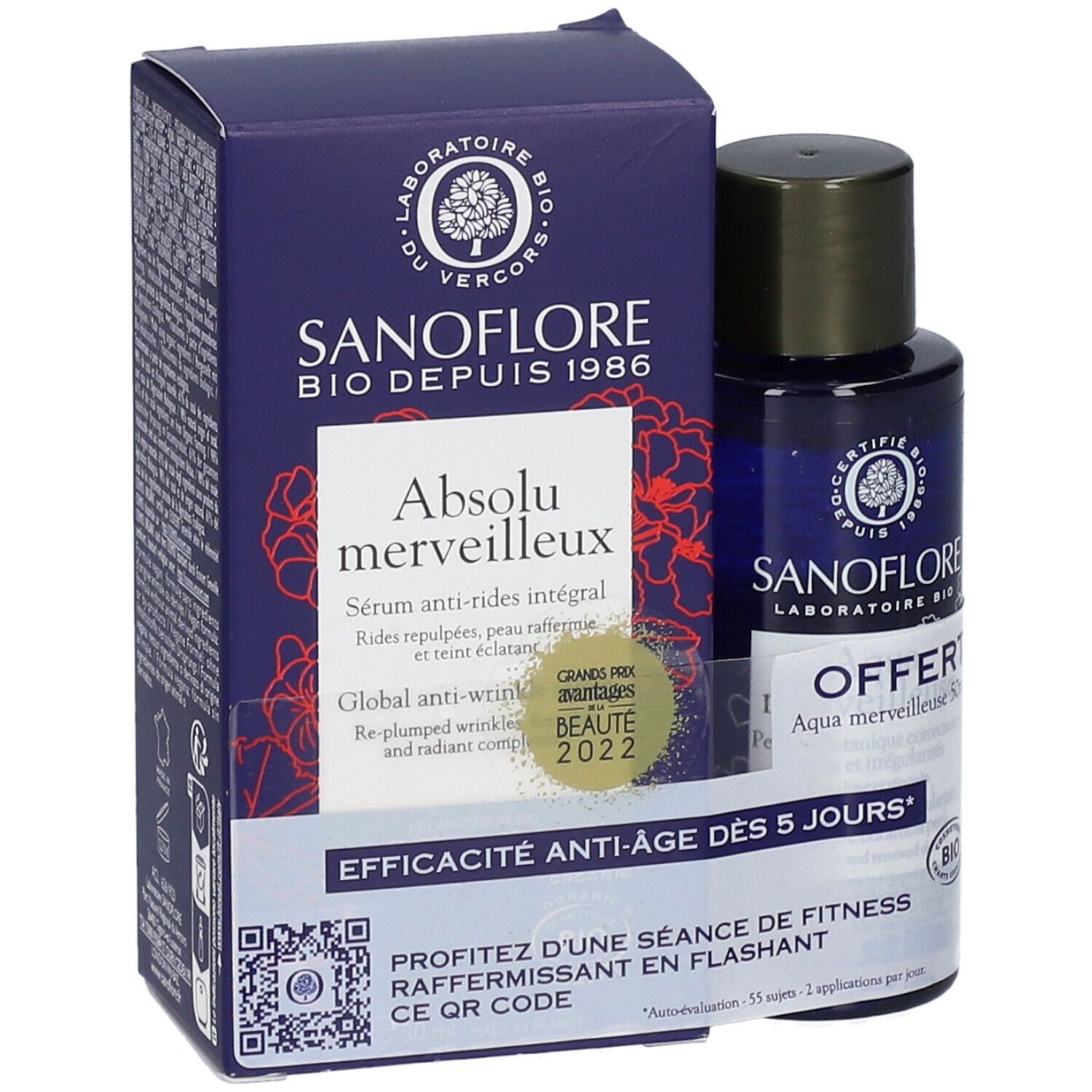 SANOFLORE Absolu Merveilleux et Mini Aqua Merveilleuse Bio. Flacon et boîte bleus. Texte : Absolu Merveilleux, Bio.