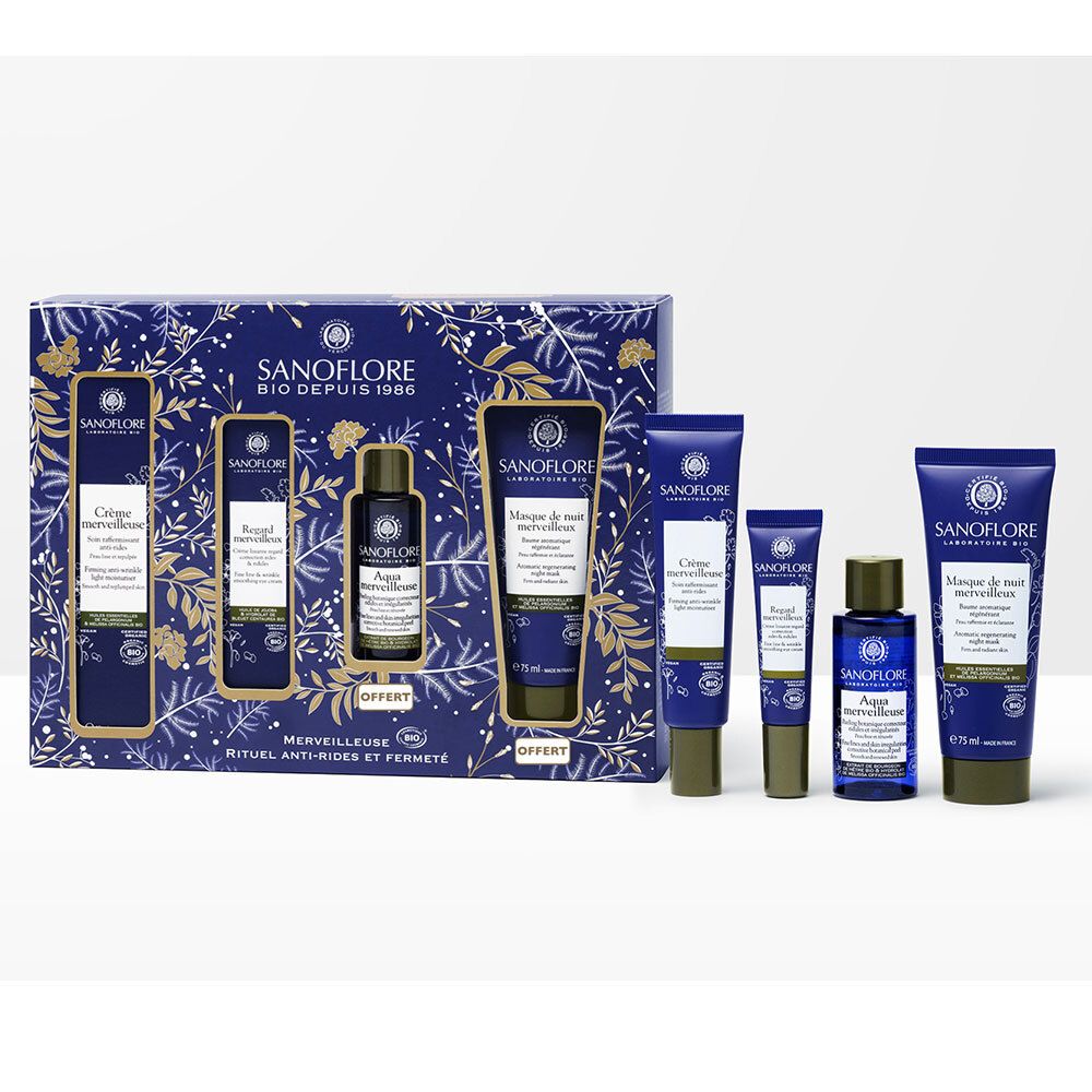 Coffret SANOFLORE. Contient crèmes, sérums et flacon. Certifié bio. Emballage bleu et doré.