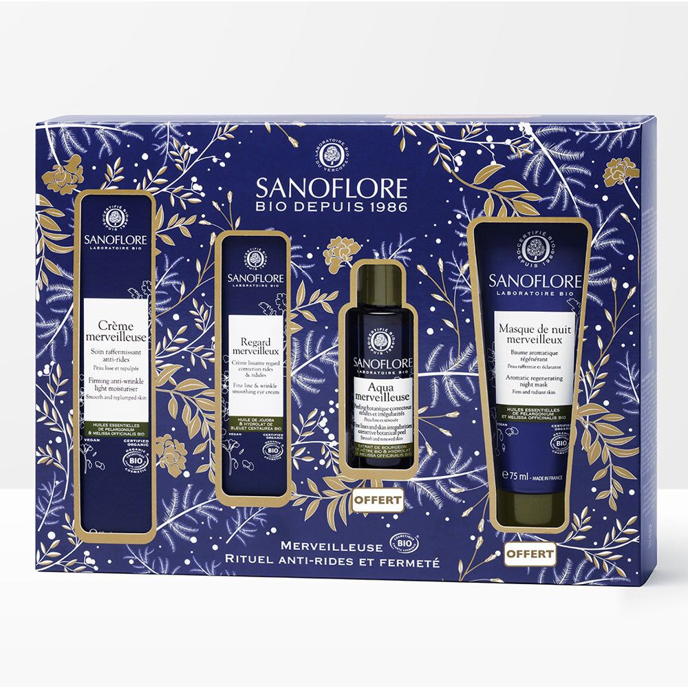 Coffret SANOFLORE. Crème, sérum, flacon et masque de nuit. Emballage avec motifs floraux.