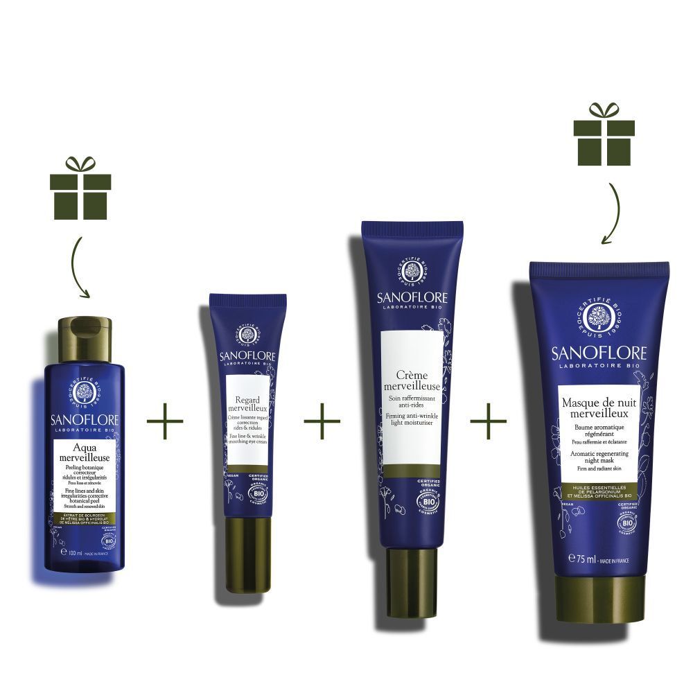 Quatre produits SANOFLORE : flacon, sérum yeux, crème et masque de nuit. Présentation cadeau.