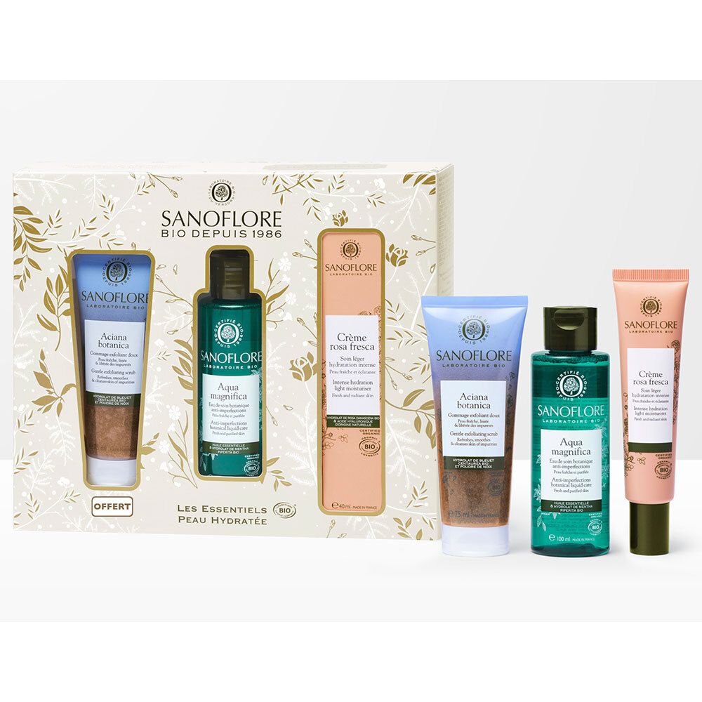 Coffret cadeau SANOFLORE avec quatre produits. Deux tubes, une bouteille et un emballage allongé. Label Bio.