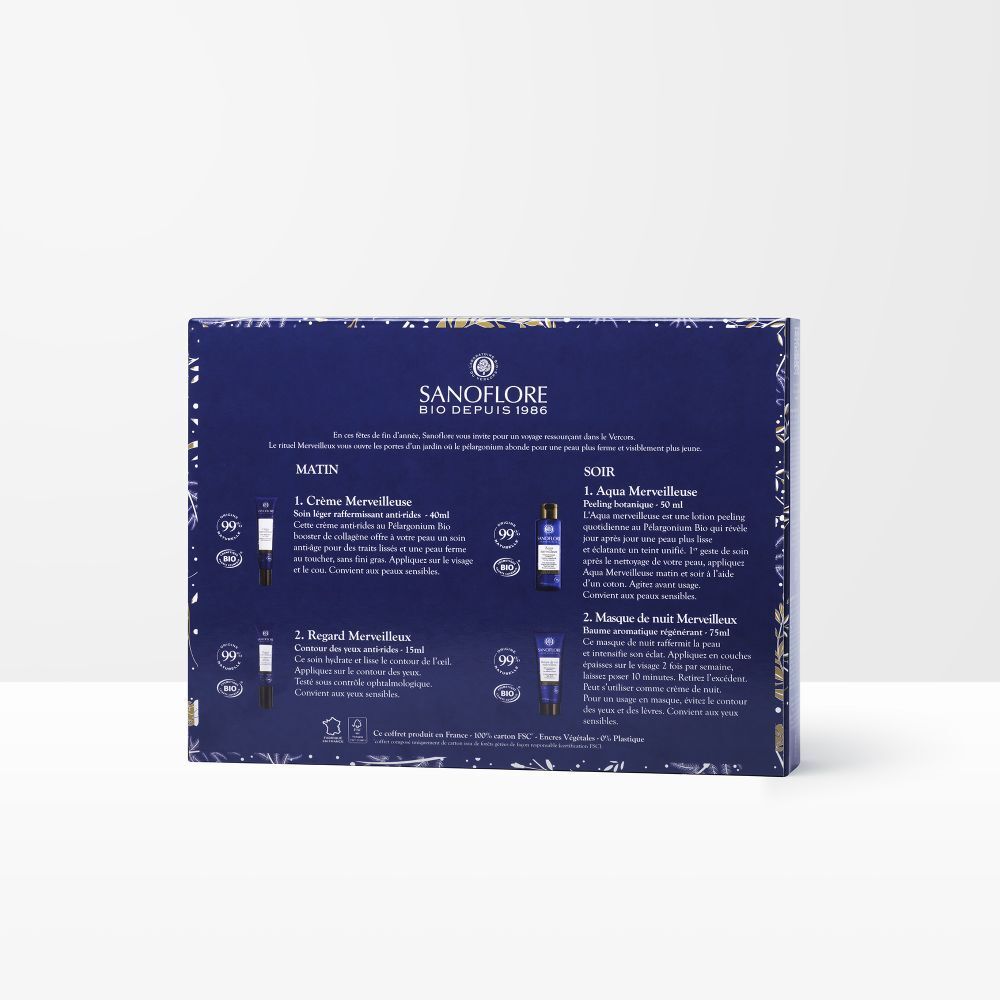 Dos du coffret cadeau. Texte en français. Produits : Crème Merveilleuse, Aqua Magnifica et Crème Rosa Fresca.