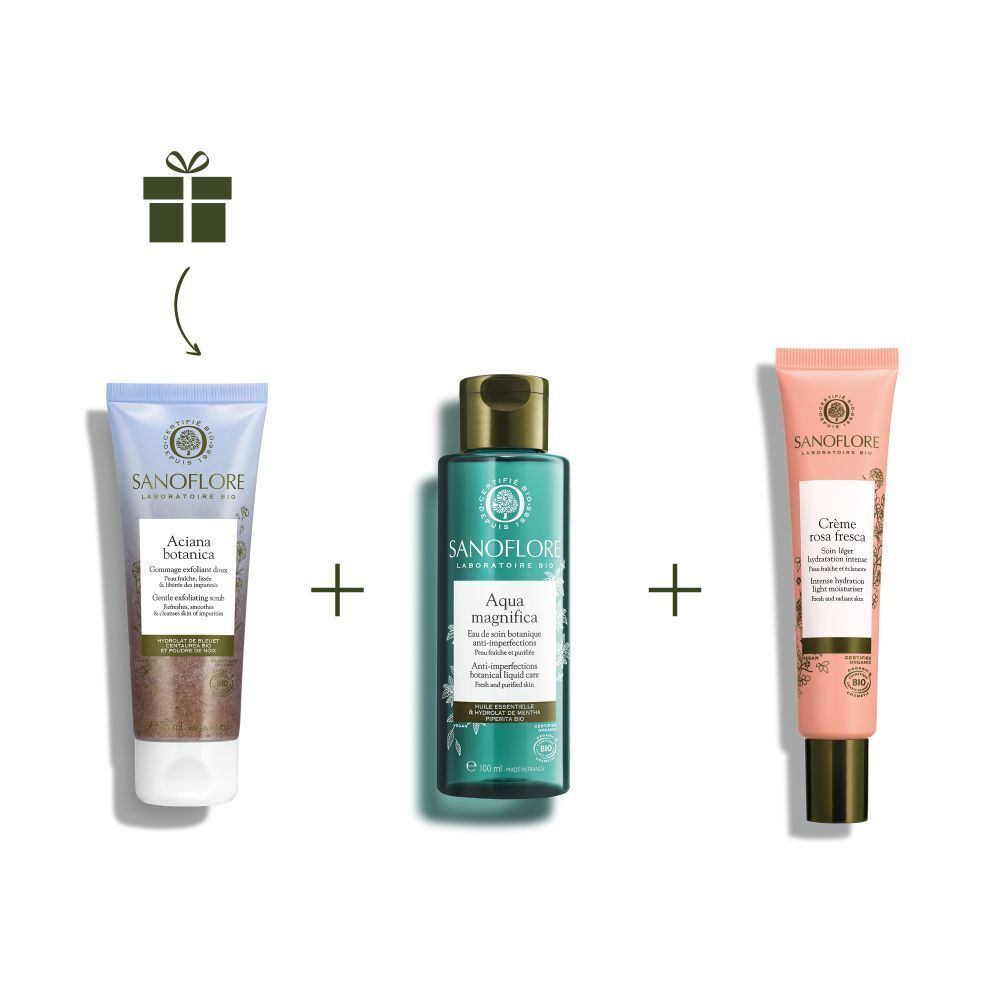 Trois produits : tube, flacon et tube. Marque : SANOFLORE. Produits : Gommage Aciana Botanica, Aqua Magnifica, Crème Rosa Fresca.