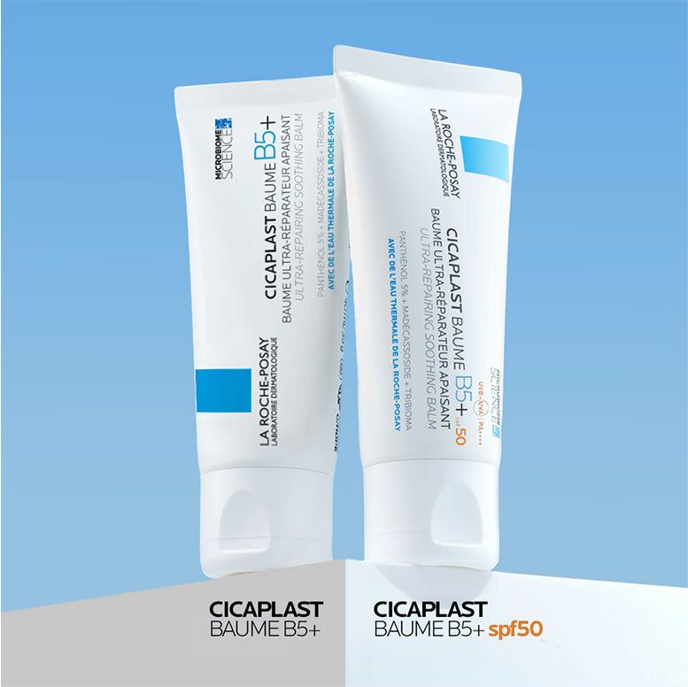 Deux tubes La Roche Posay Cicaplast Baume B5+ et B5+ SPF50 côte à côte.