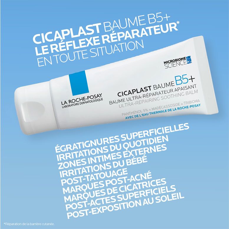 Tube La Roche Posay Cicaplast Baume B5+ avec texte sur le soulagement et la réparation immédiats.