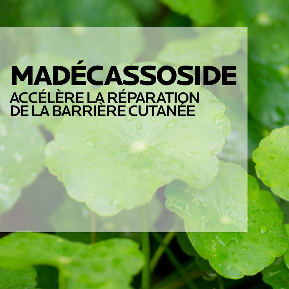 Graphique avec texte: MADÉCASSOSIDE. Accélère la réparation de la barrière cutanée.