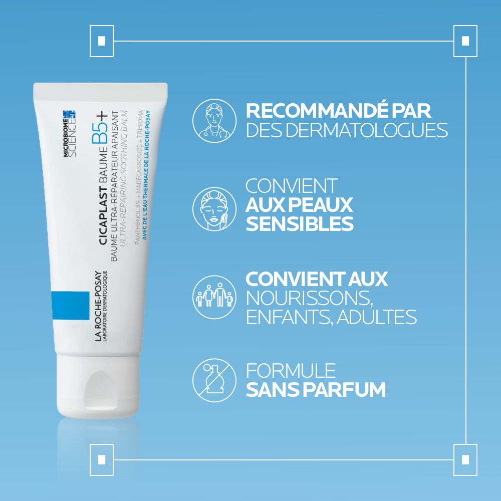Tube Cicaplast B5+ avec icônes : recommandé par les dermatologues, convient aux peaux sensibles.