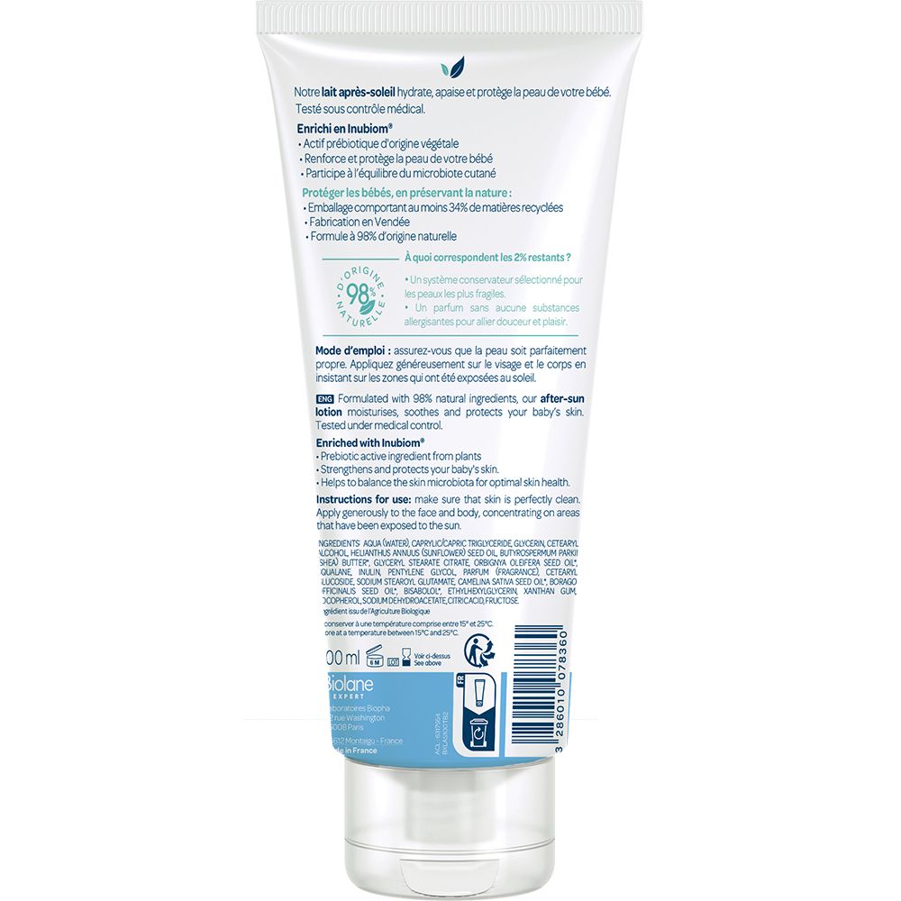 Tube blanc et bleu. Logo Biolane Expert. Texte: Lait Après-Soleil. 98% ingrédients naturels. Tube recyclable.