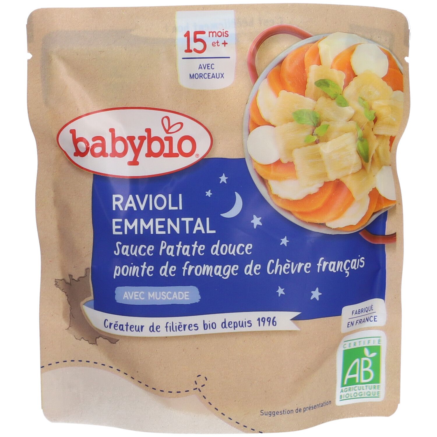 Sachet Babybio Ravioli, Emmental, sauce patate douce, pointe de chèvre français. Certification bio, dès 15 mois.