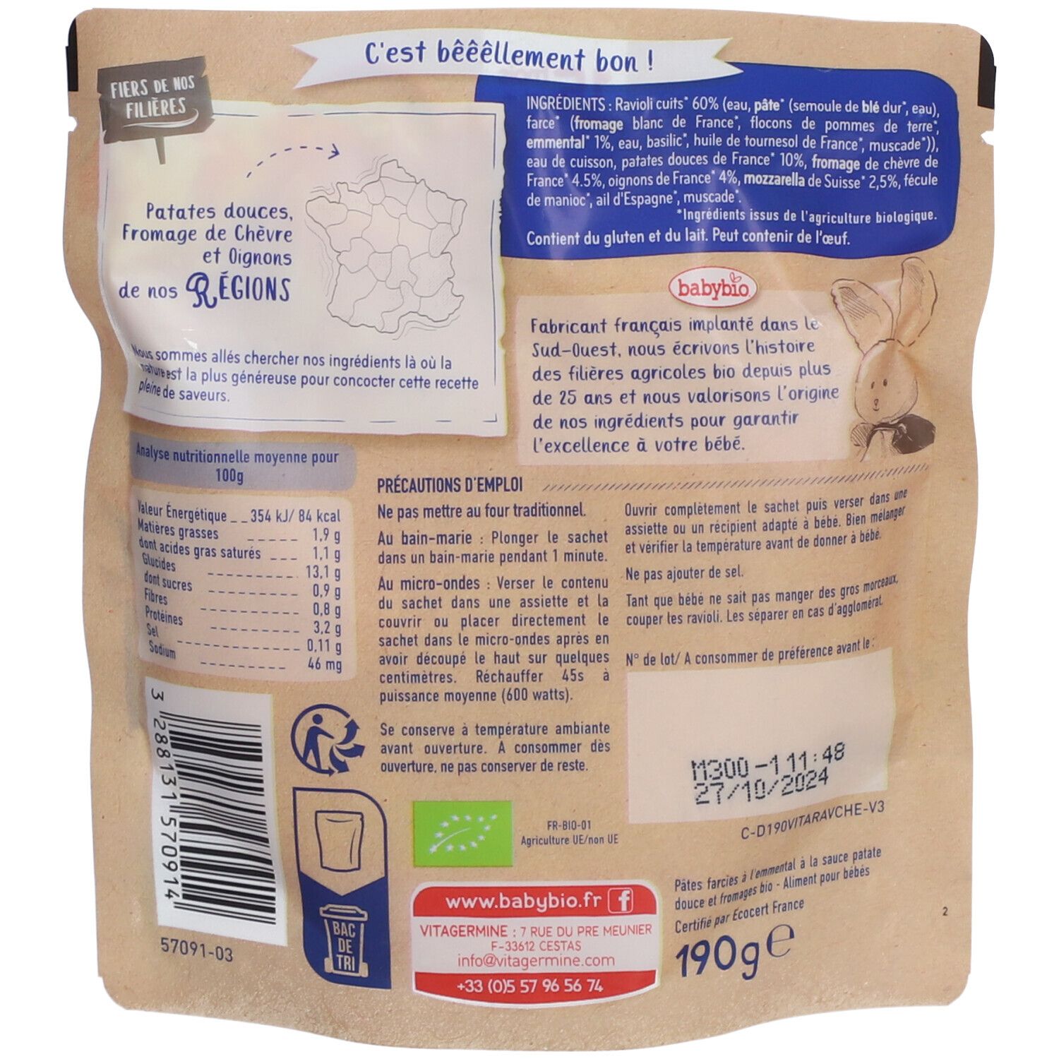 Dos du sachet Babybio. Liste des ingrédients, informations nutritionnelles, instructions, label bio, 190g.