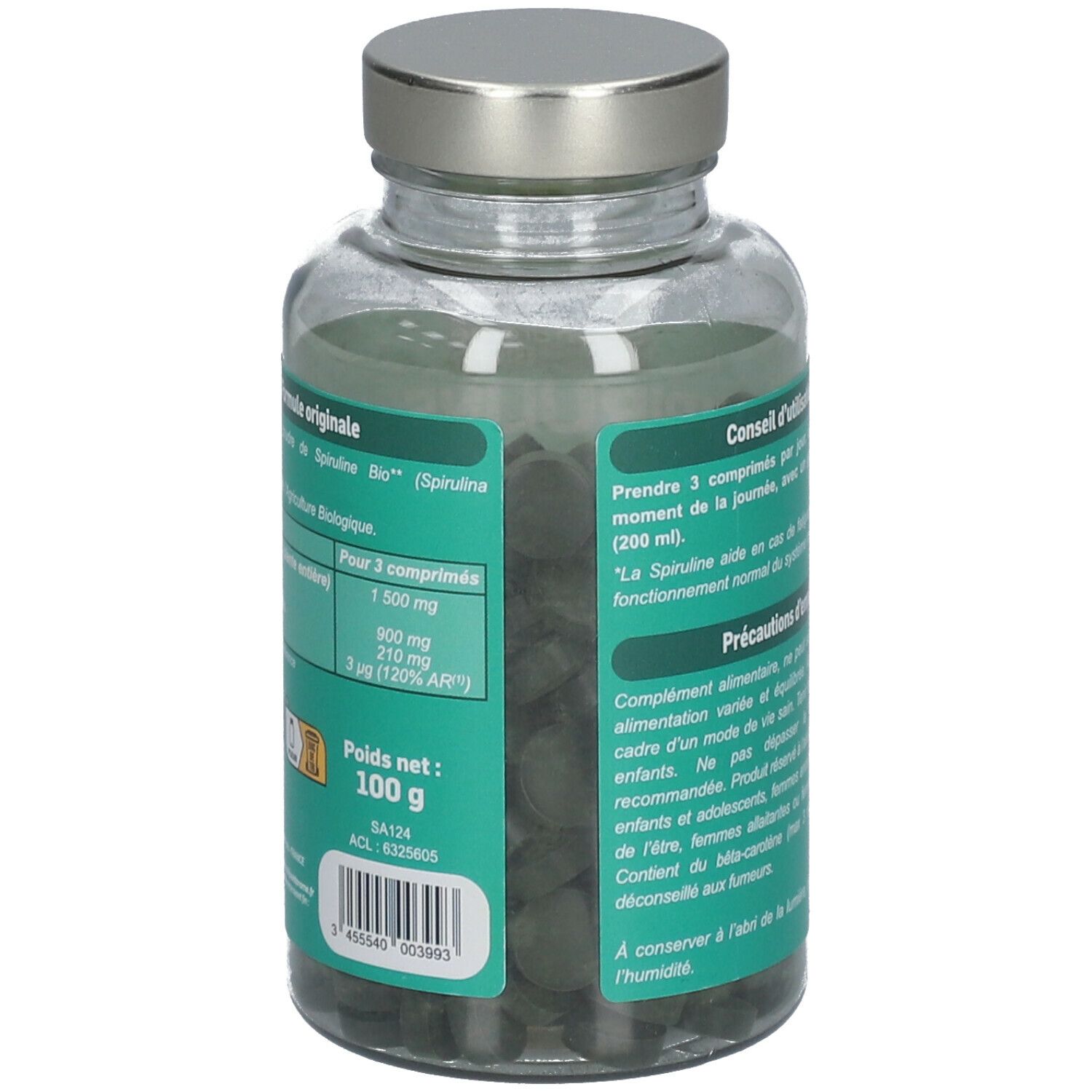 Dos d'un flacon en verre avec comprimés verts. Inscription Spiruline Bio. Texte en français.
