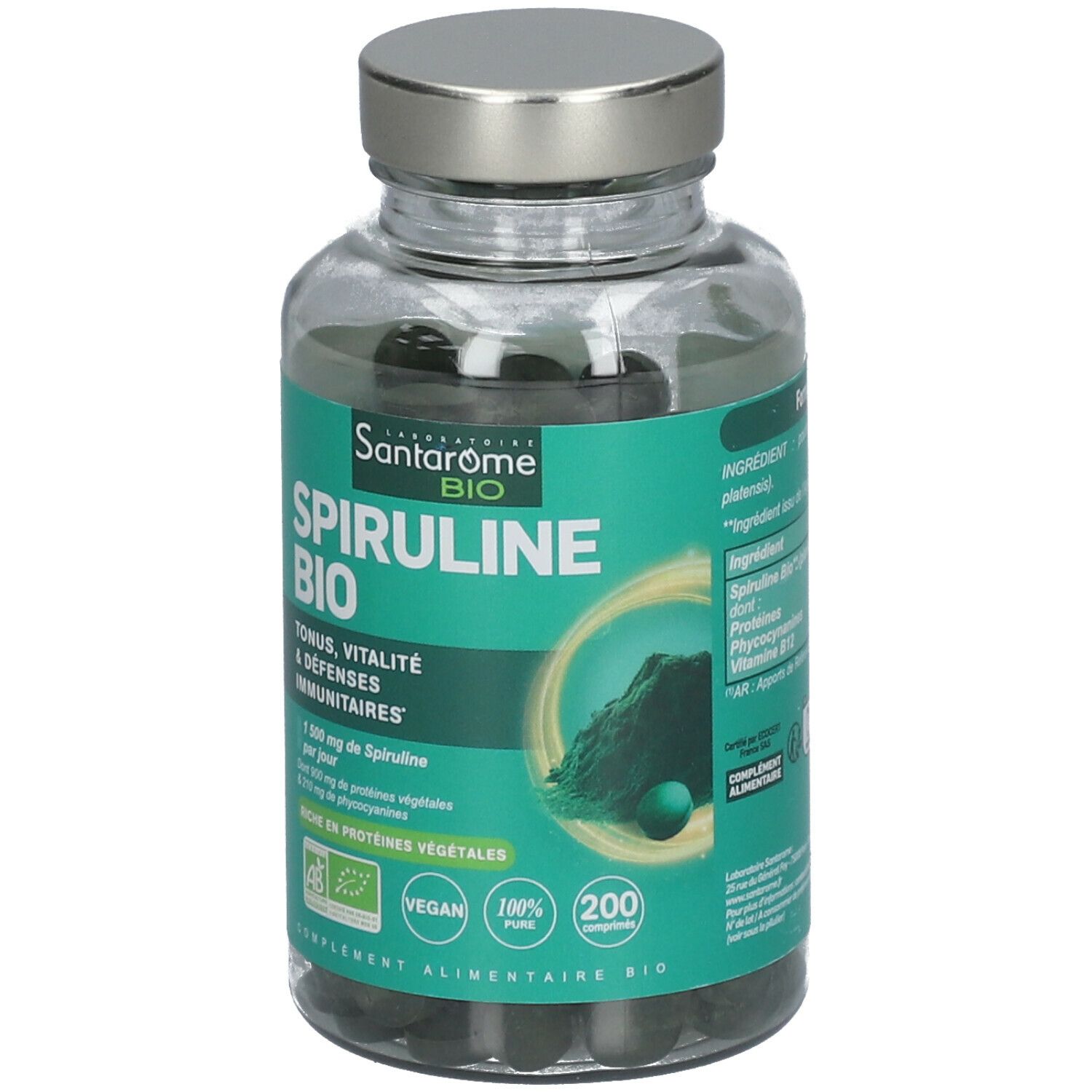 Flacon en verre avec comprimés verts. Inscription Santarome BIO Spiruline Bio. Bouchon. Texte en français.
