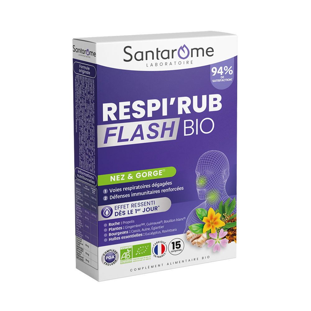Boîte Santarome Respi'Rub Flash Bio. Violet, blanc. Texte: Respi'Rub Flash Bio, Nez & Gorge. Avec certification bio.