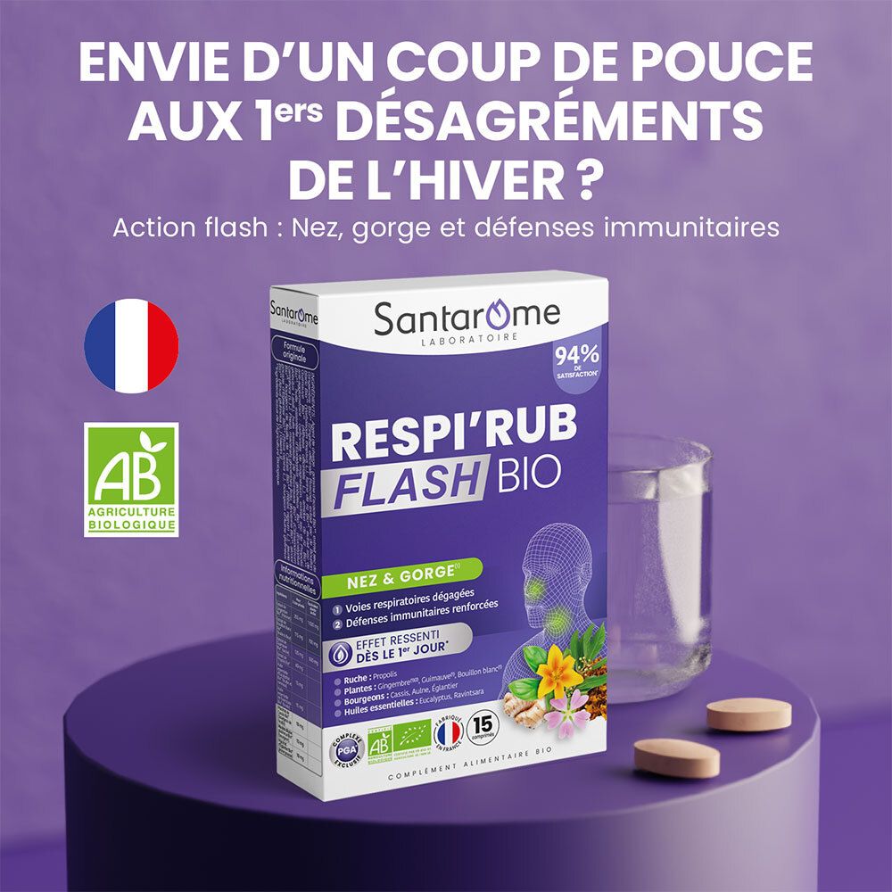 Emballage du produit Santarome Respi'Rub Flash Bio. Avec comprimés et verre. Certifications française et bio.