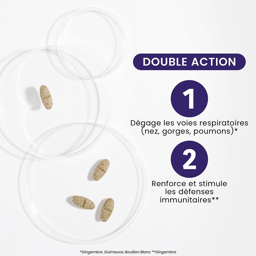 Comprimés sur boîtes de Pétri. Double action : dégager les voies respiratoires, renforcer l'immunité. 4 comprimés visibles.