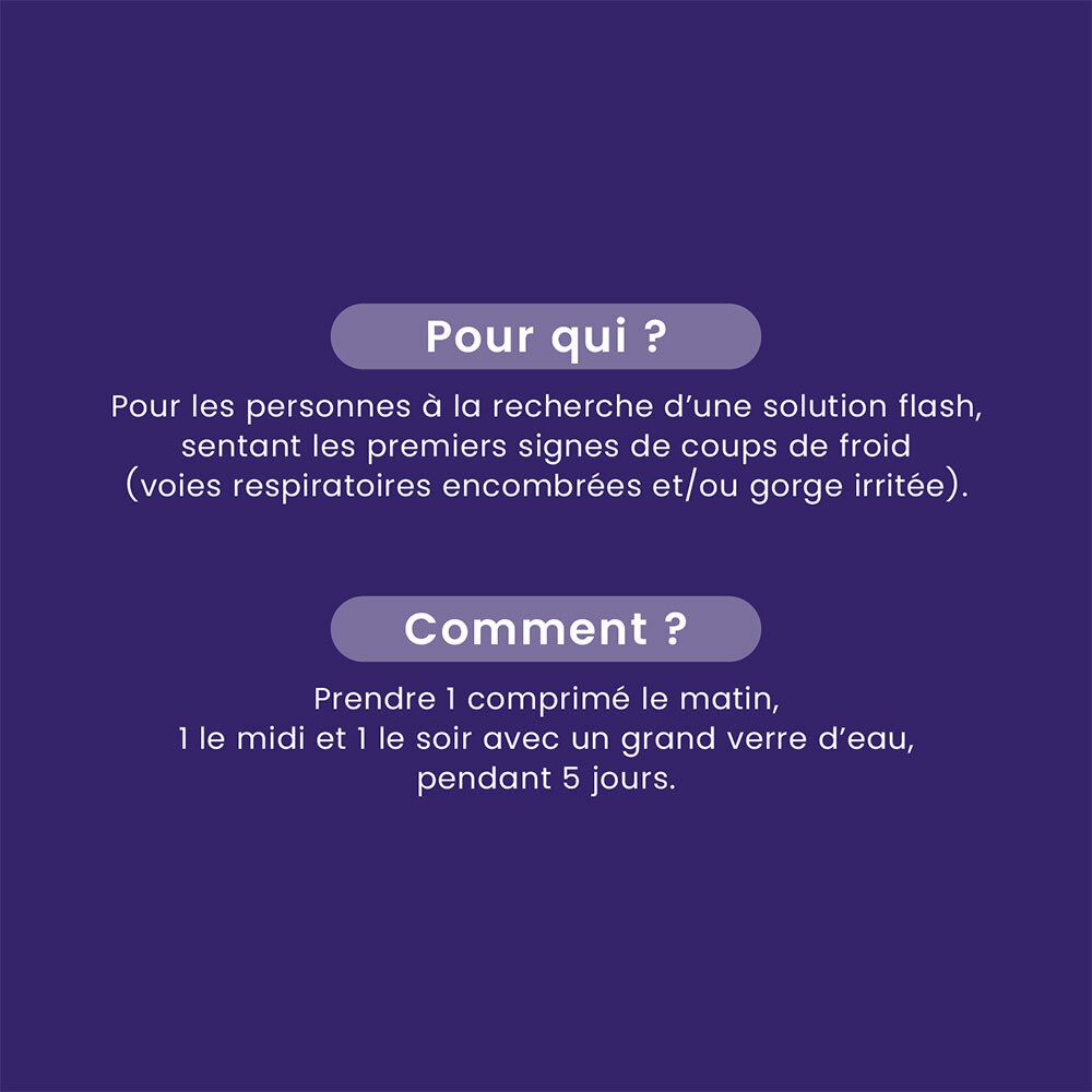 Informations sur l'utilisation de Santarome Respi'Rub Flash Bio. Pour qui ? Comment ? 1 comprimé matin, midi, soir.