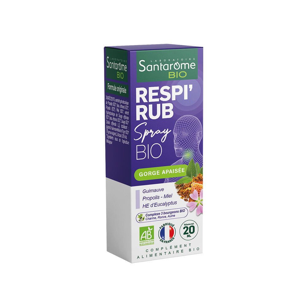 Spray Respi'Rub Bio. Boîte violette, fond blanc. Nom du produit et logo. Certification AB.