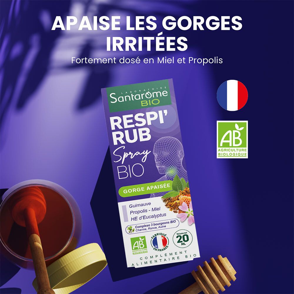 Spray Respi'Rub Bio. Fond violet. Nom du produit, logo, drapeau français, certification AB. Nid d'abeilles et cuillère.