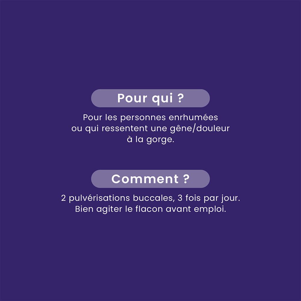 Texte sur fond violet. Informations d'utilisation. 2 pulvérisations, 3 fois par jour. Bien agiter avant emploi.