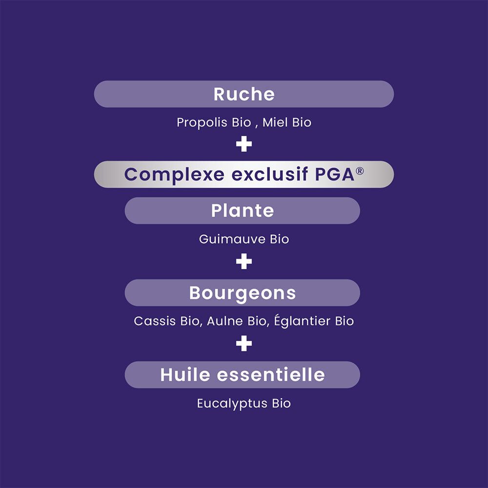 Infographie sur fond violet. Ingrédients : Propolis, miel, guimauve, bourgeons, huile essentielle. Complexe PGA®.