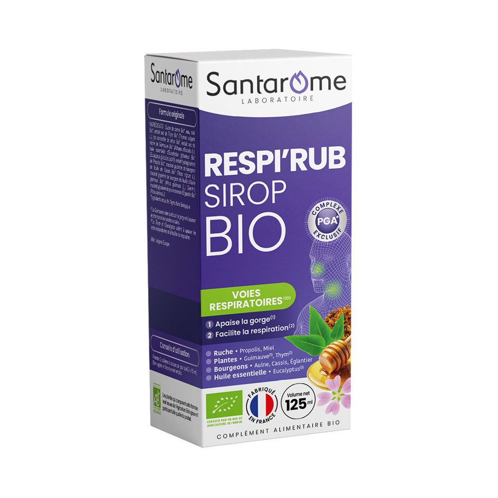 Santarome Respi'Rub Sirop Bio. Boîte avec informations produit. Contient 125 ml. Certifié bio.