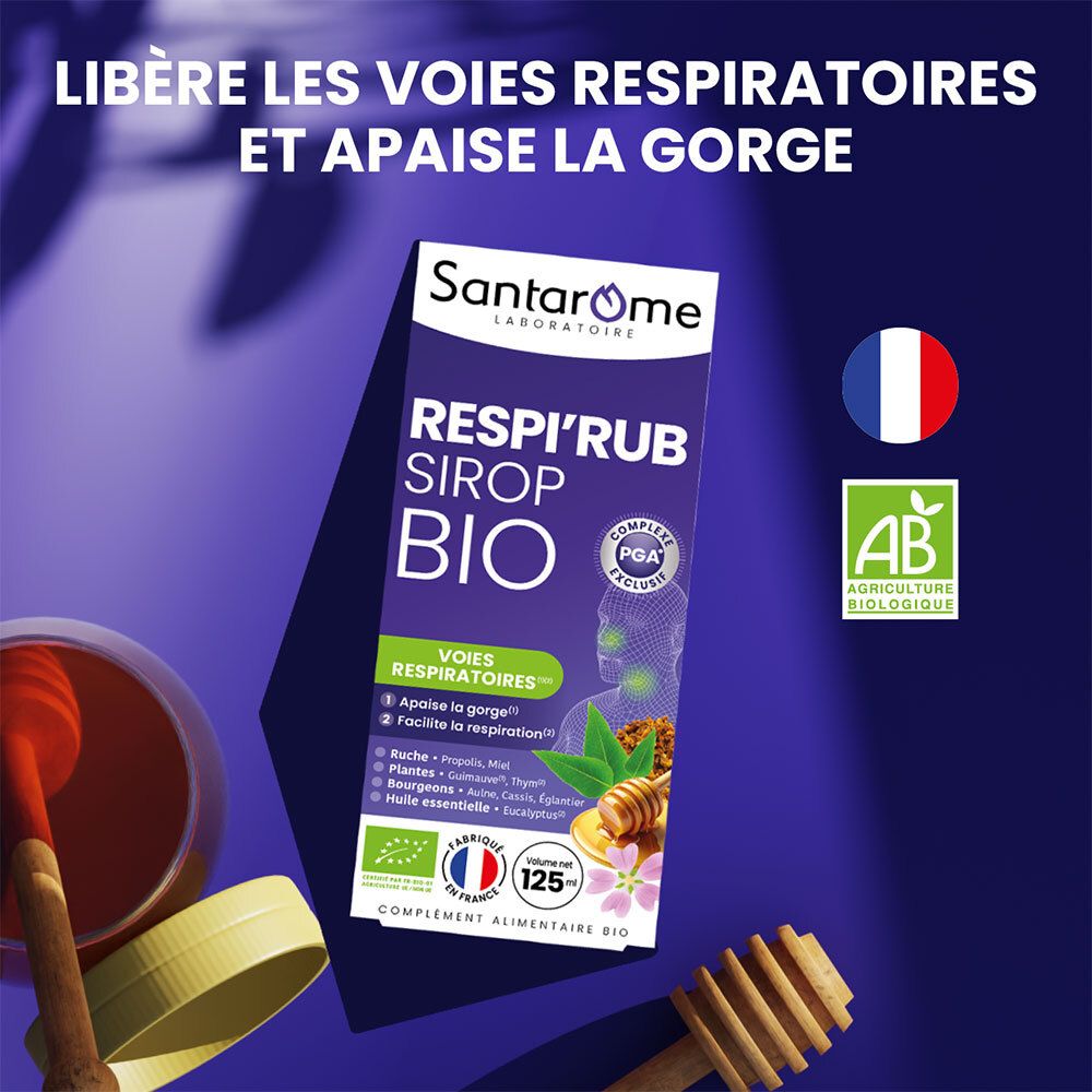 Santarome Respi'Rub Sirop Bio. Emballage avec miel et cuillère. Drapeau français et label bio.