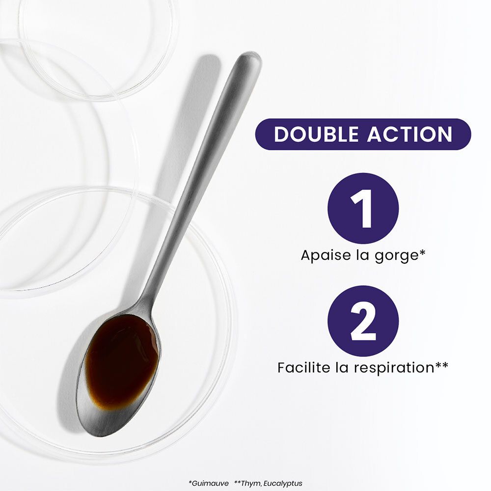 Cuillère avec liquide brun. Texte: Double action. 1. Apaise la gorge. 2. Facilite la respiration.