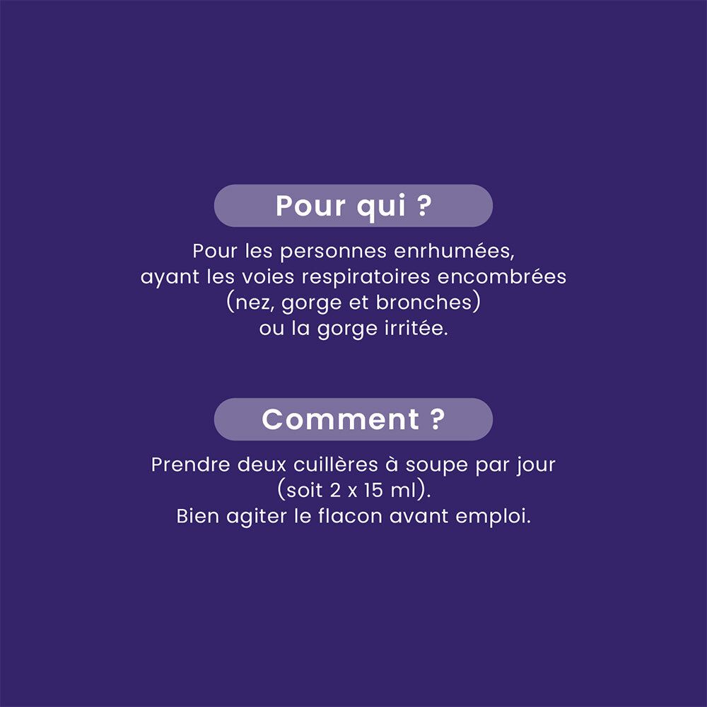 Texte: Pour qui ? Pour personnes enrhumées. Comment ? Deux cuillères à soupe par jour. Bien agiter.