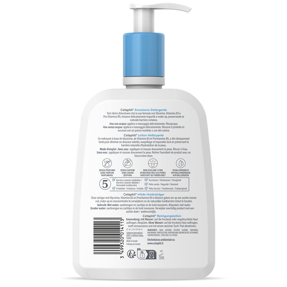 Dos de la lotion CETAPHIL®. Ingrédients, symboles, code-barres. Flacon blanc avec pompe bleue.