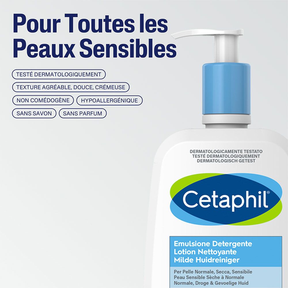 Flacon de lotion CETAPHIL® avec pompe bleue. Texte: Pour toutes les peaux sensibles. Testé dermatologiquement.