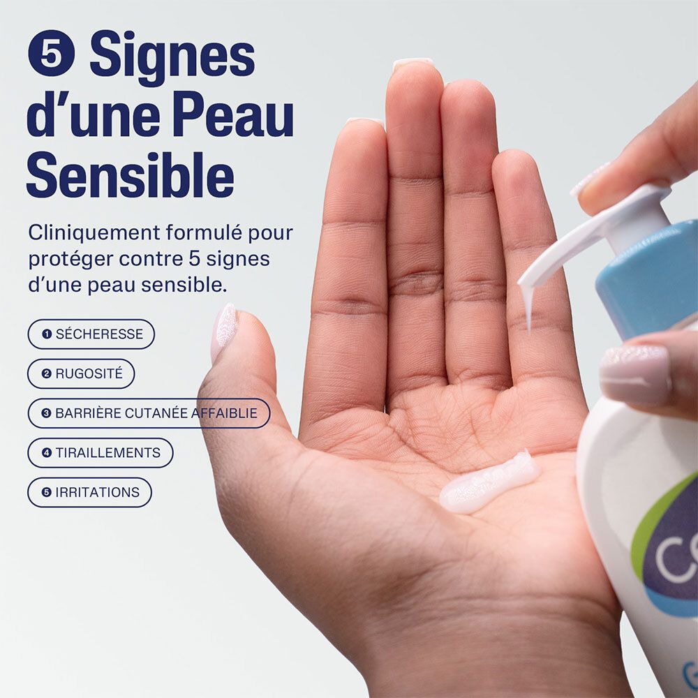 Main avec lotion. Texte: 5 signes de peau sensible. Sécheresse, rugosité, barrière cutanée affaiblie, tiraillements, irritations.