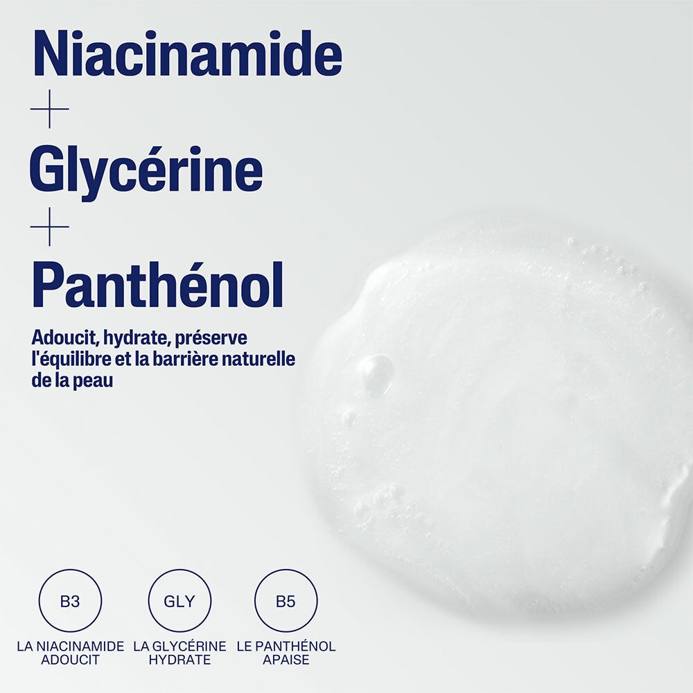 Texte: Niacinamide, Glycérine, Panthénol. Adoucit, hydrate, préserve l'équilibre et la barrière naturelle de la peau.