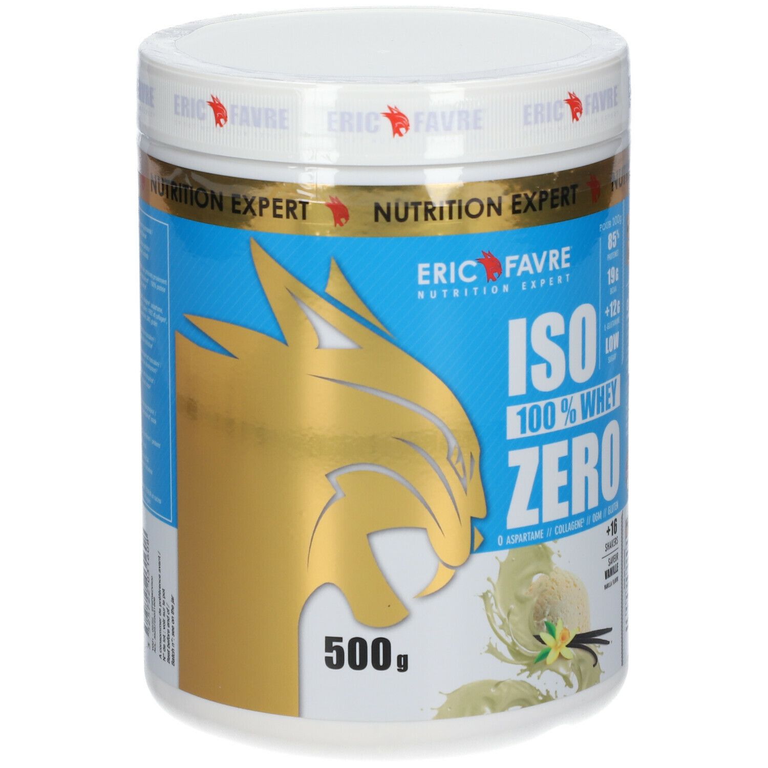 ERIC FAVRE Iso Zero 100% Whey Protein Vanille, pot de 500g avec motif lion doré.