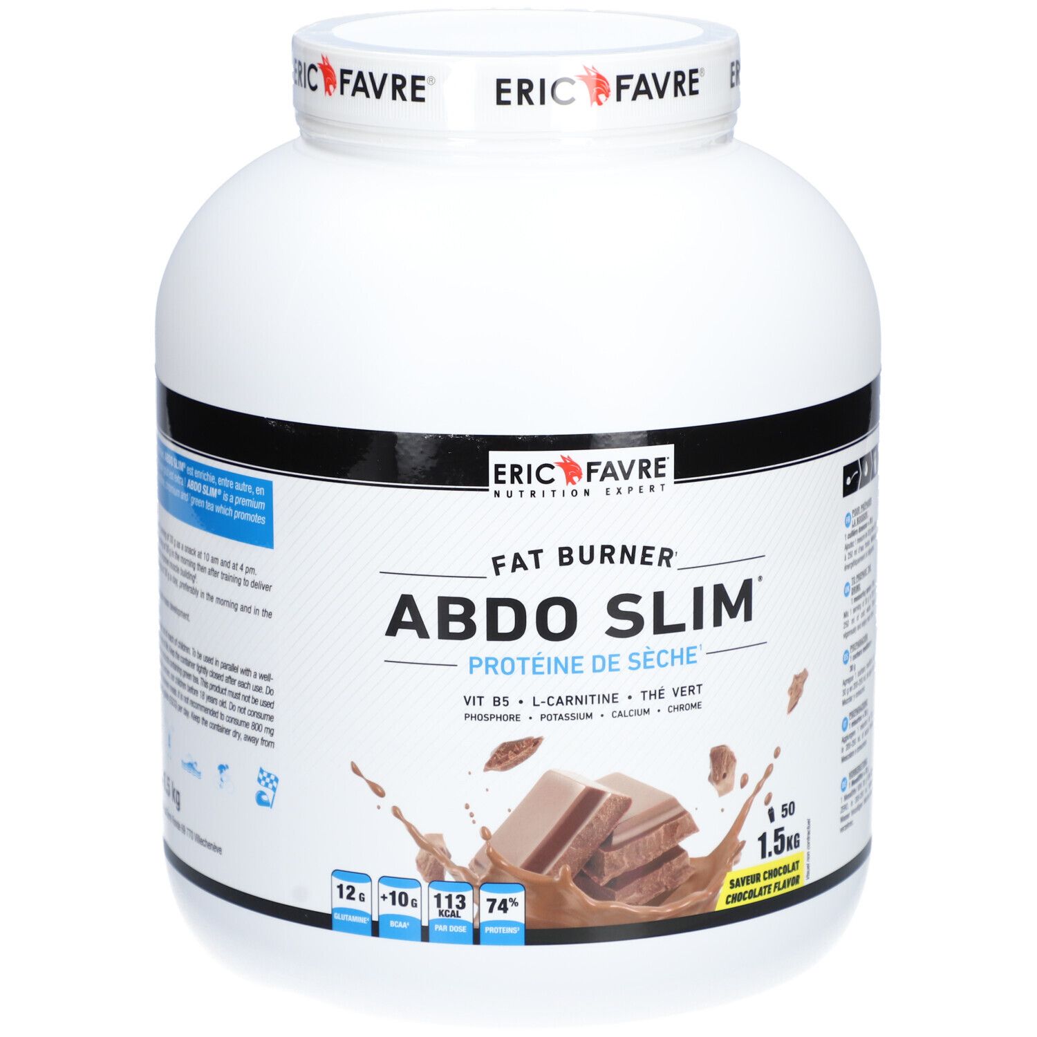 Pot blanc "ERIC FAVRE" et "ABDO SLIM". Saveur chocolat. 1,5 kg. Contient protéines, L-carnitine, thé vert. Visuel de chocolat.