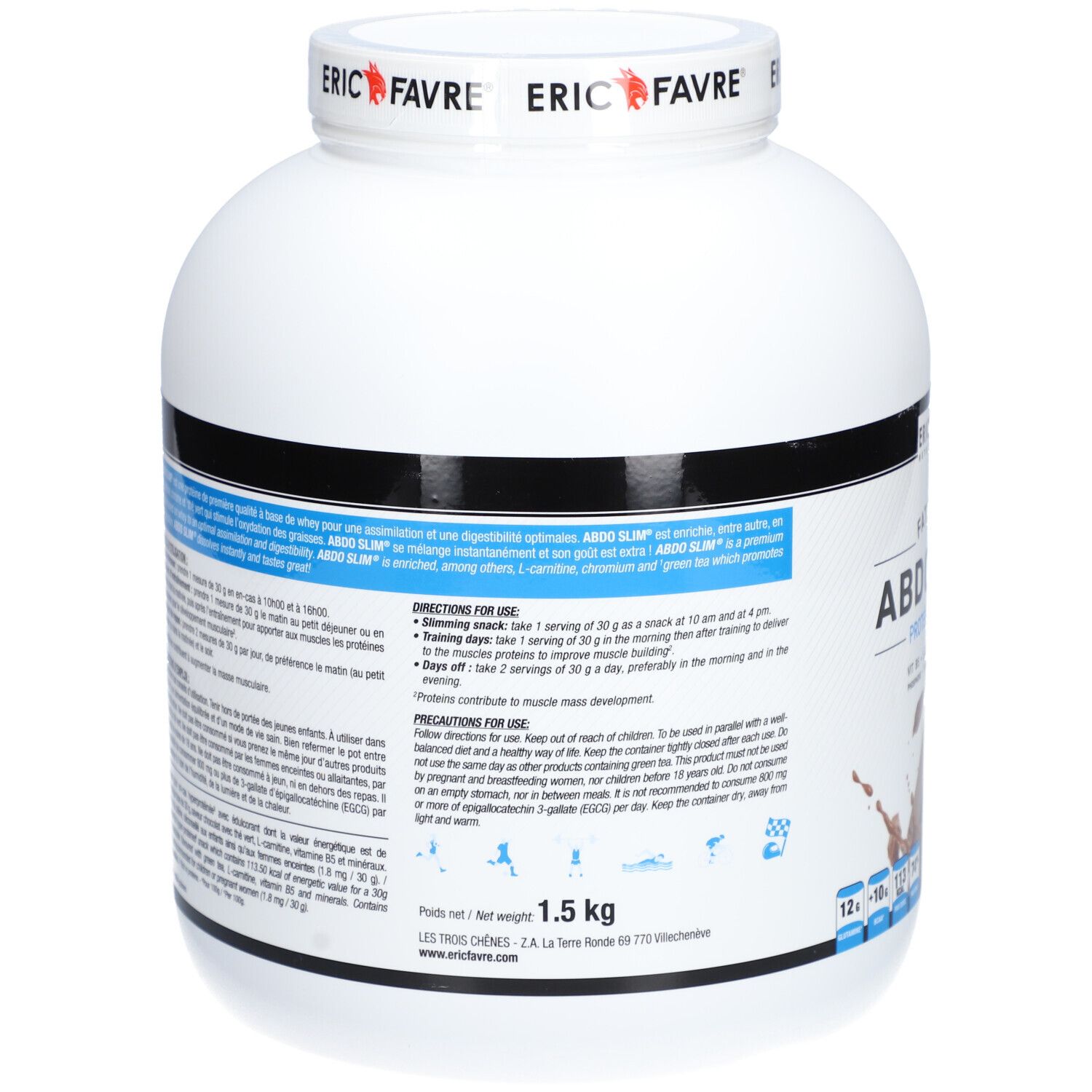 Pot blanc avec étiquette noire, 1,5 kg, avec informations nutritionnelles et instructions d'utilisation.