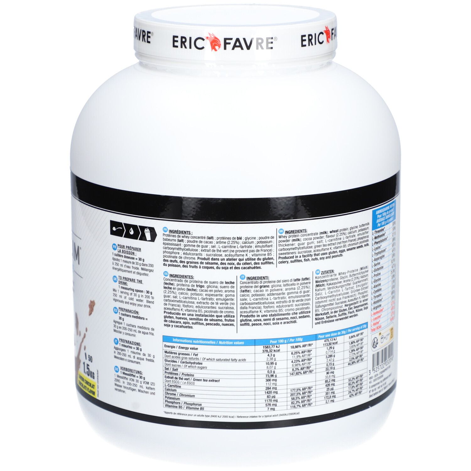 Pot blanc avec étiquette noire, 1,5 kg, avec tableau nutritionnel et liste des ingrédients en plusieurs langues.
