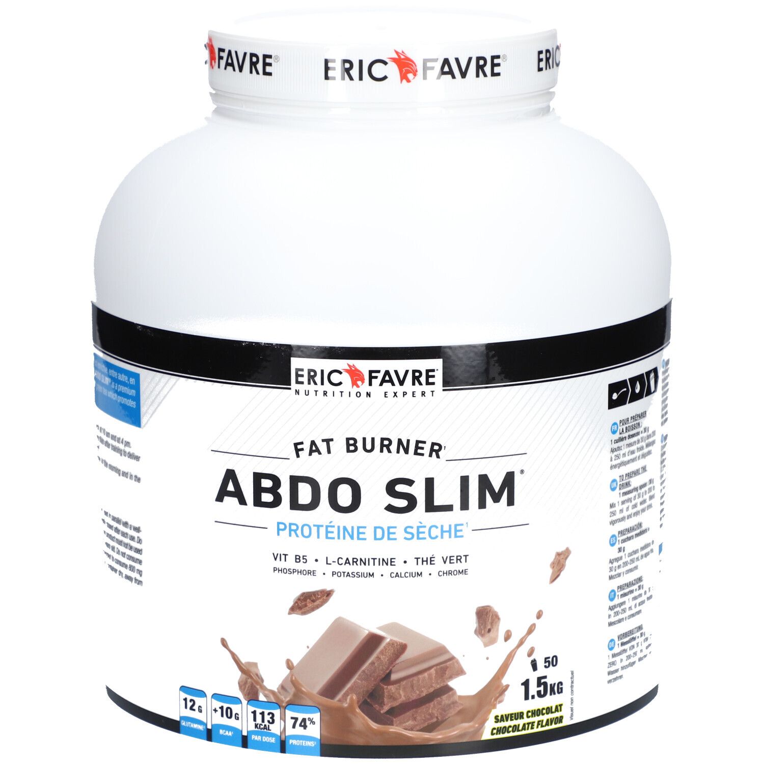 Pot blanc avec étiquette noire, 1,5 kg, avec nom du produit 'ABDO SLIM' et illustration de chocolat.