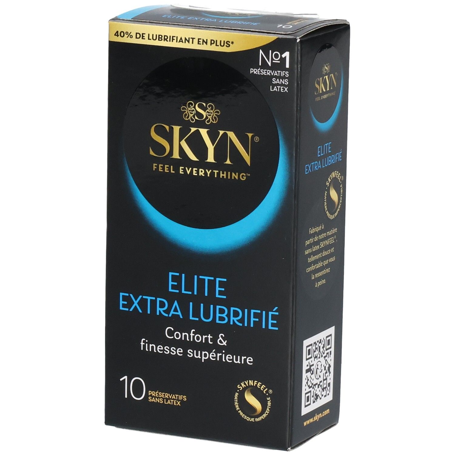 Boîte noire SKYN ELITE EXTRA LUBRIFIÉ. 10 préservatifs sans latex. Accents bleus et dorés.