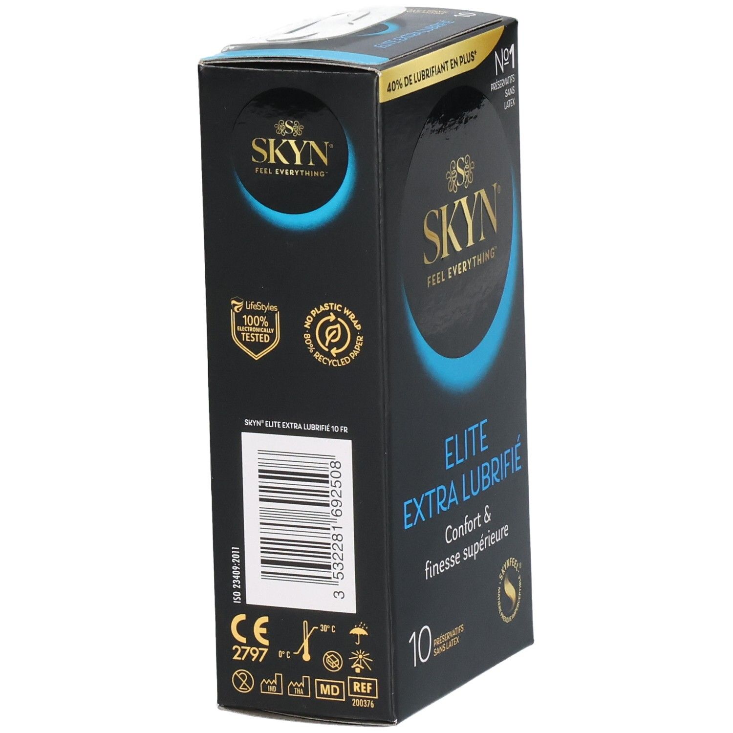 Boîte noire SKYN ELITE EXTRA LUBRIFIÉ, vue latérale. Texte et logos. 10 préservatifs.