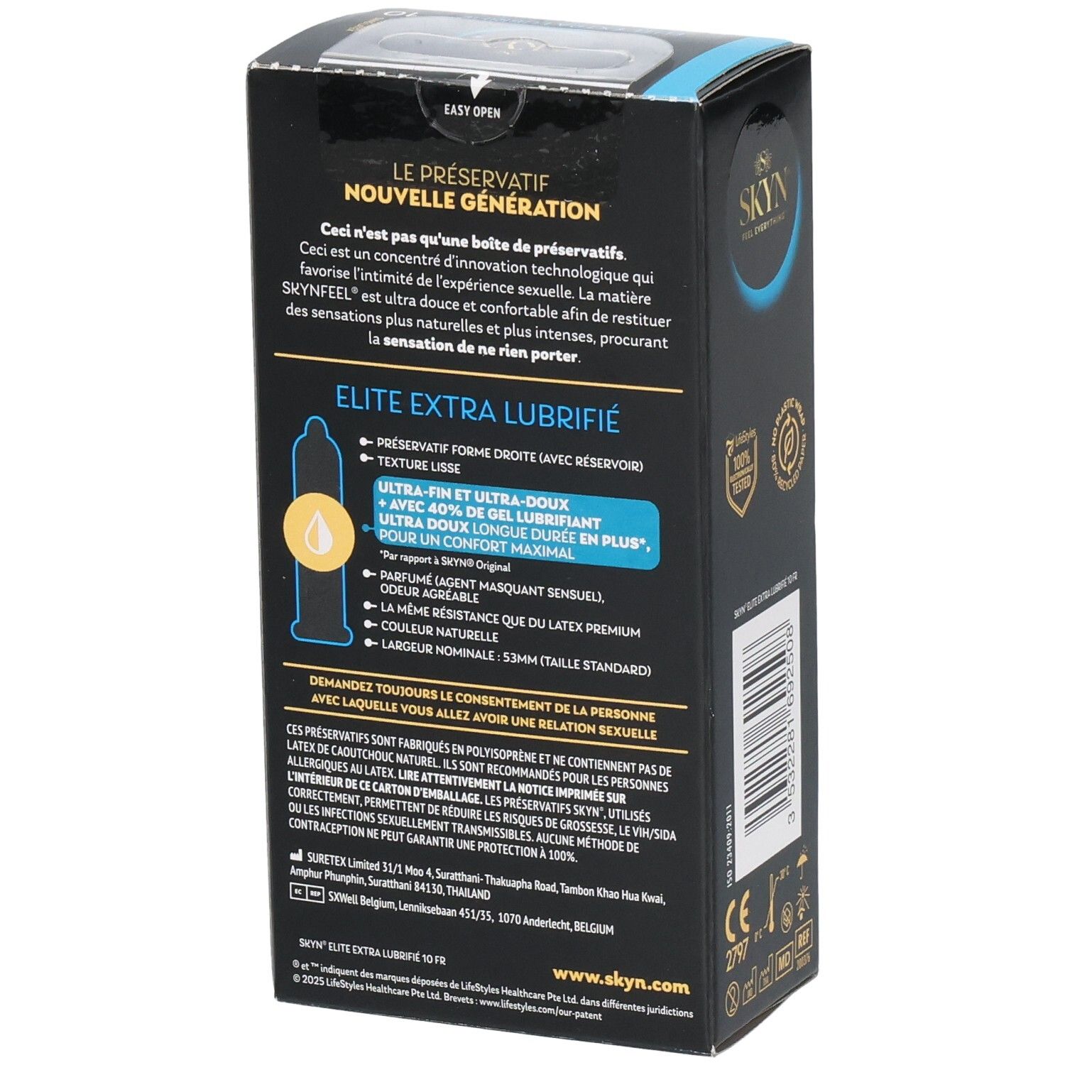 Dos de la boîte noire SKYN ELITE EXTRA LUBRIFIÉ. Caractéristiques et texte du produit.