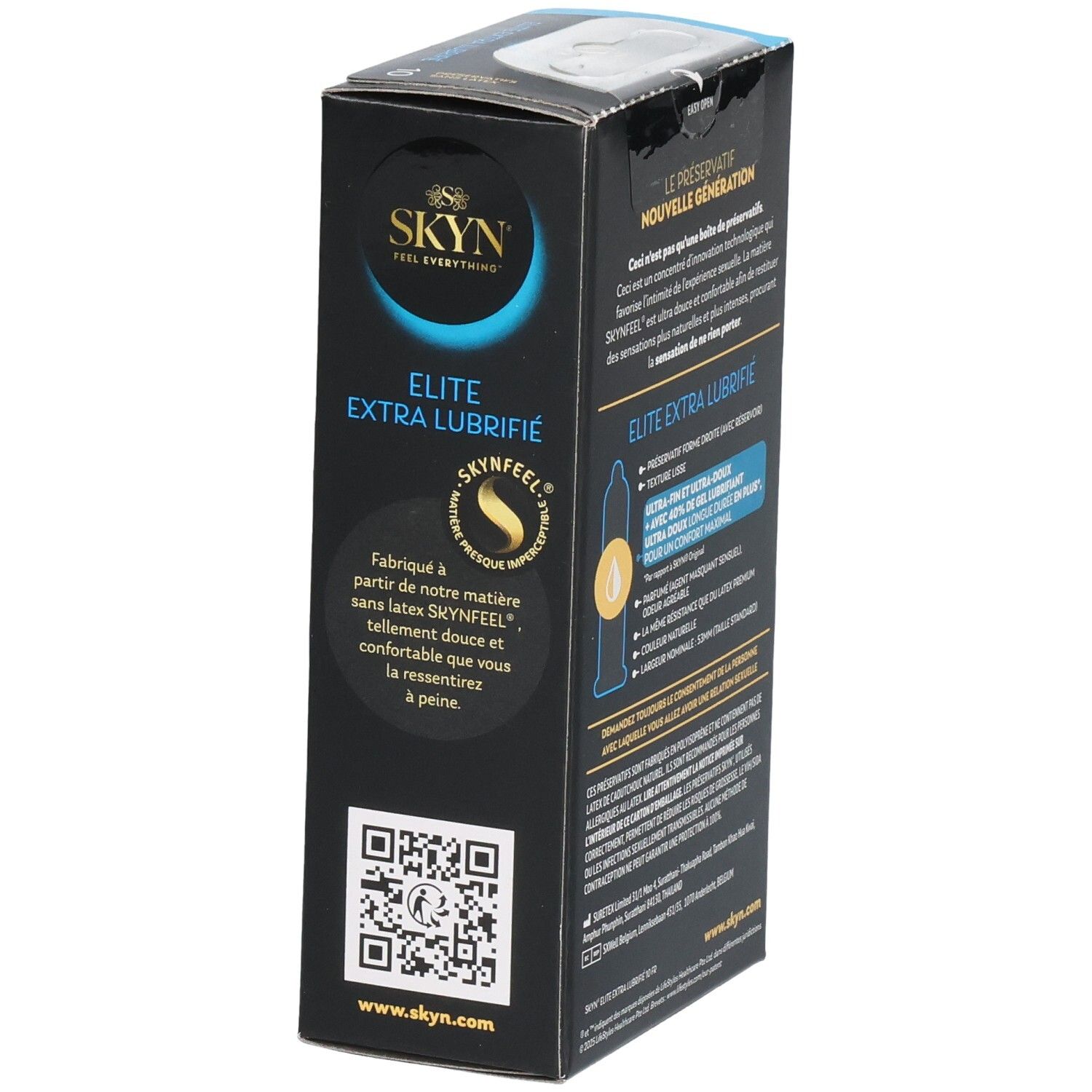 Boîte noire SKYN ELITE EXTRA LUBRIFIÉ, vue latérale. Texte, logos et code QR.