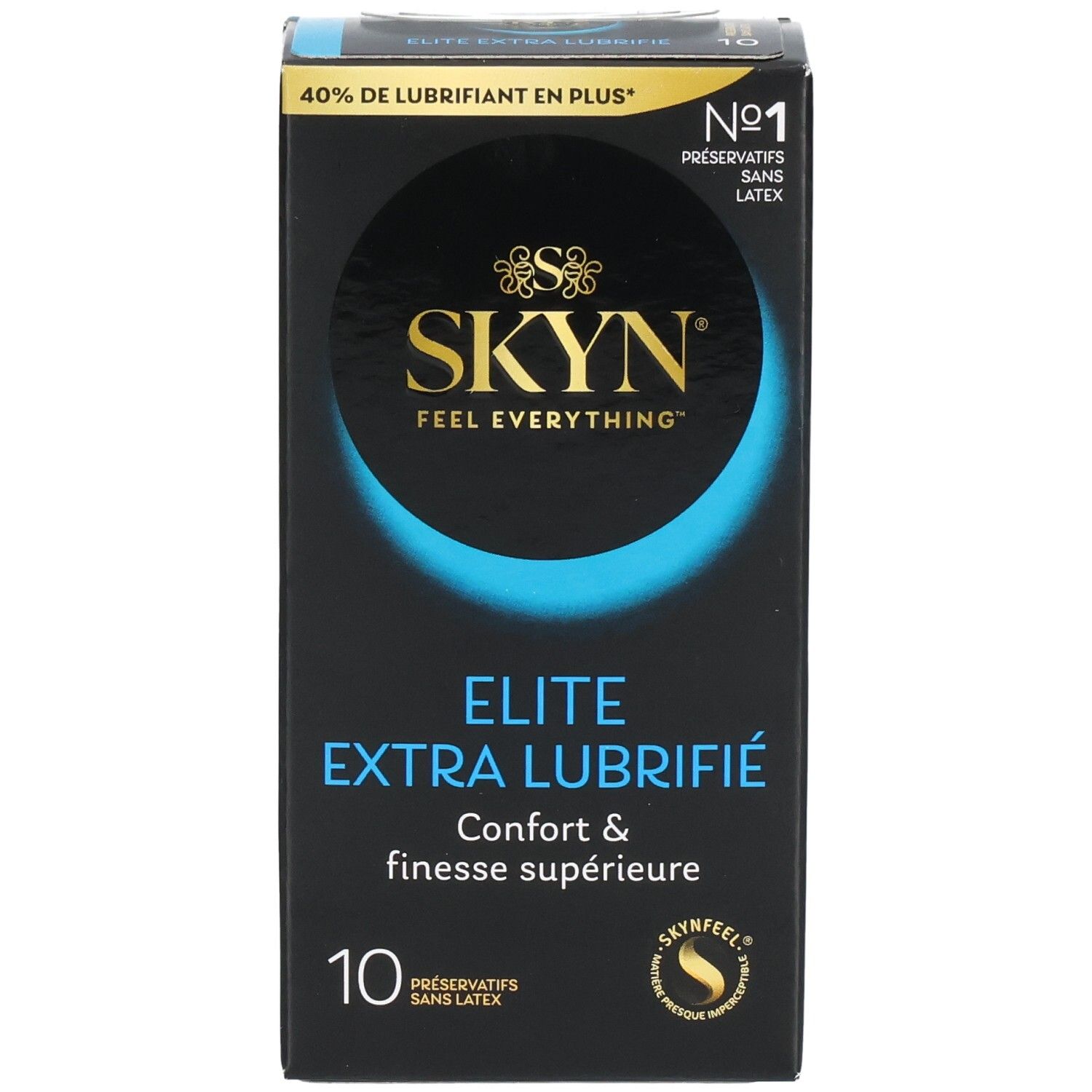 Boîte noire SKYN ELITE EXTRA LUBRIFIÉ. Vue de face avec nom et logo du produit.