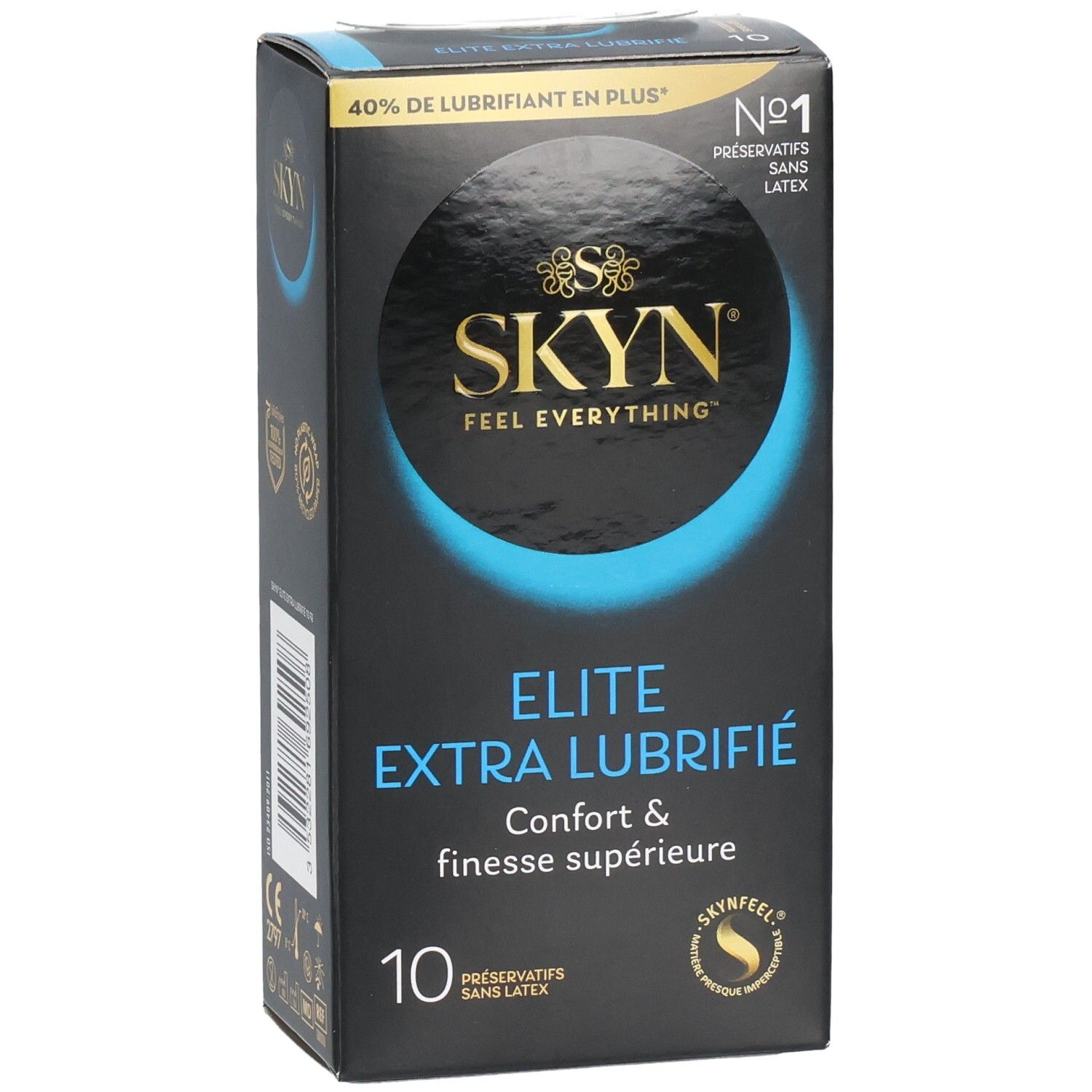 Boîte noire SKYN ELITE EXTRA LUBRIFIÉ. Vue de face avec nom et logo du produit.